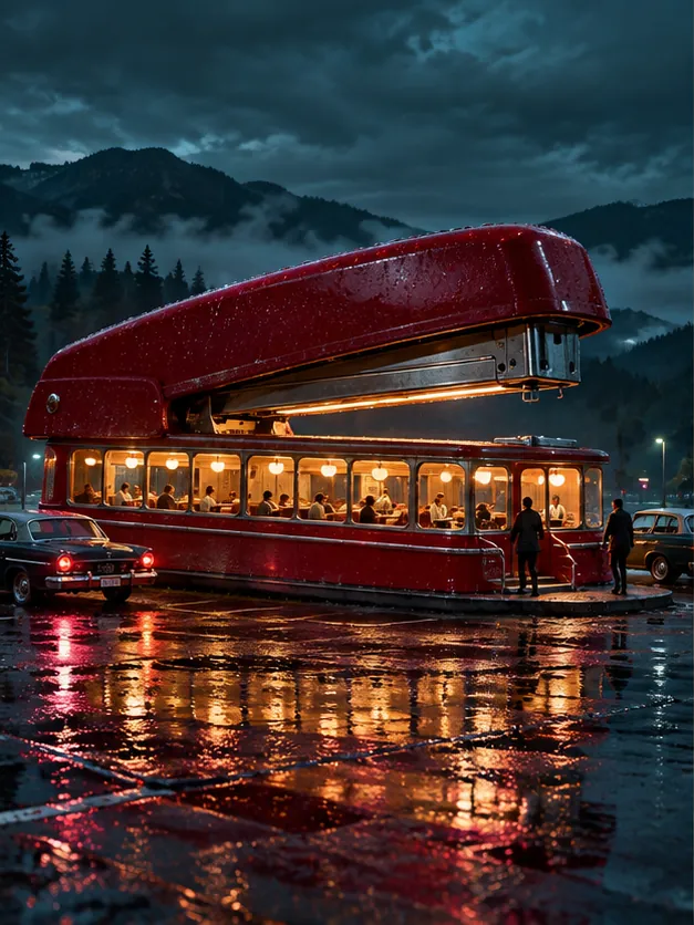 A glossy red stapler becomes a roadside diner on a rainy night, its long window full of late customers.