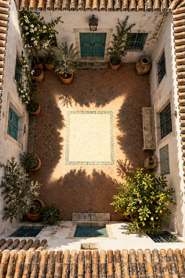 A tiled courtyard seen from straight above, full of potted plants, where the midday light falls in the shape the shadow should have been. The tiles have stopped asking questions.