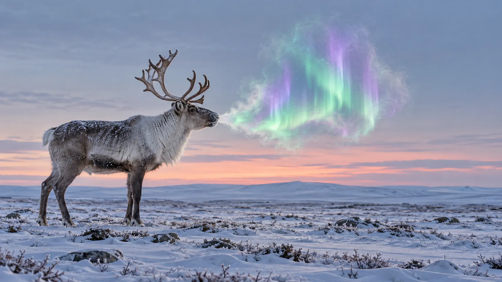 A reindeer on the snowy tundra at dusk breathes out a cloud of green and violet northern lights. Cold mornings are its best work.