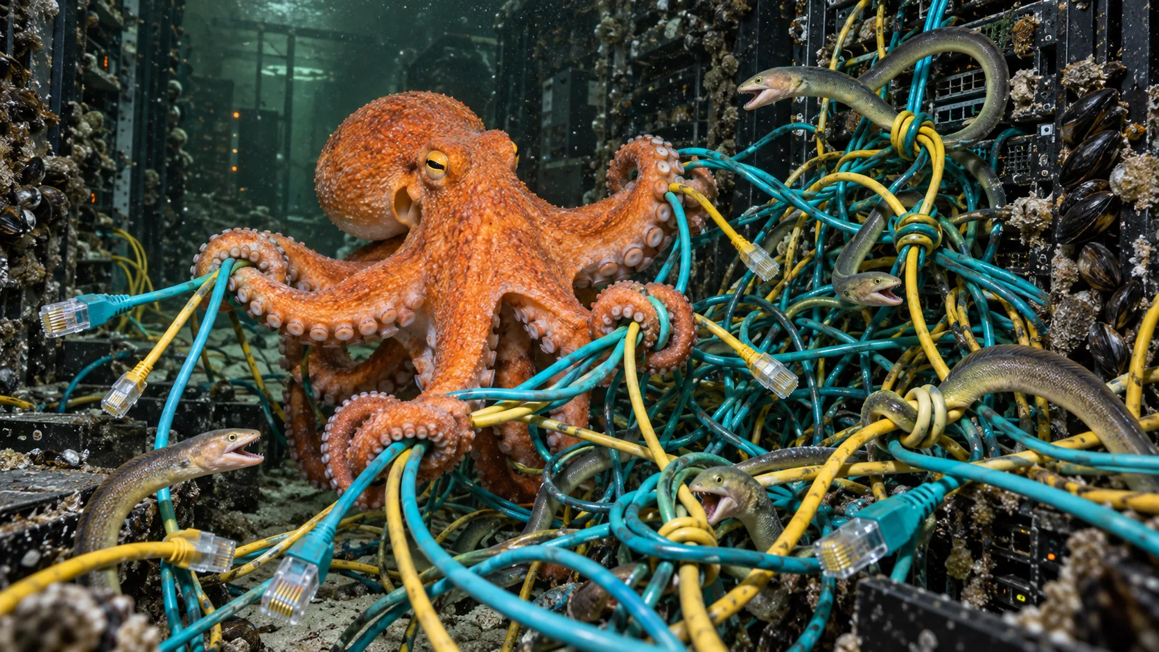 In a flooded server room, an orange octopus works through a knot of blue and yellow network cables while eels wind themselves back in. It has eight hands and still not enough.