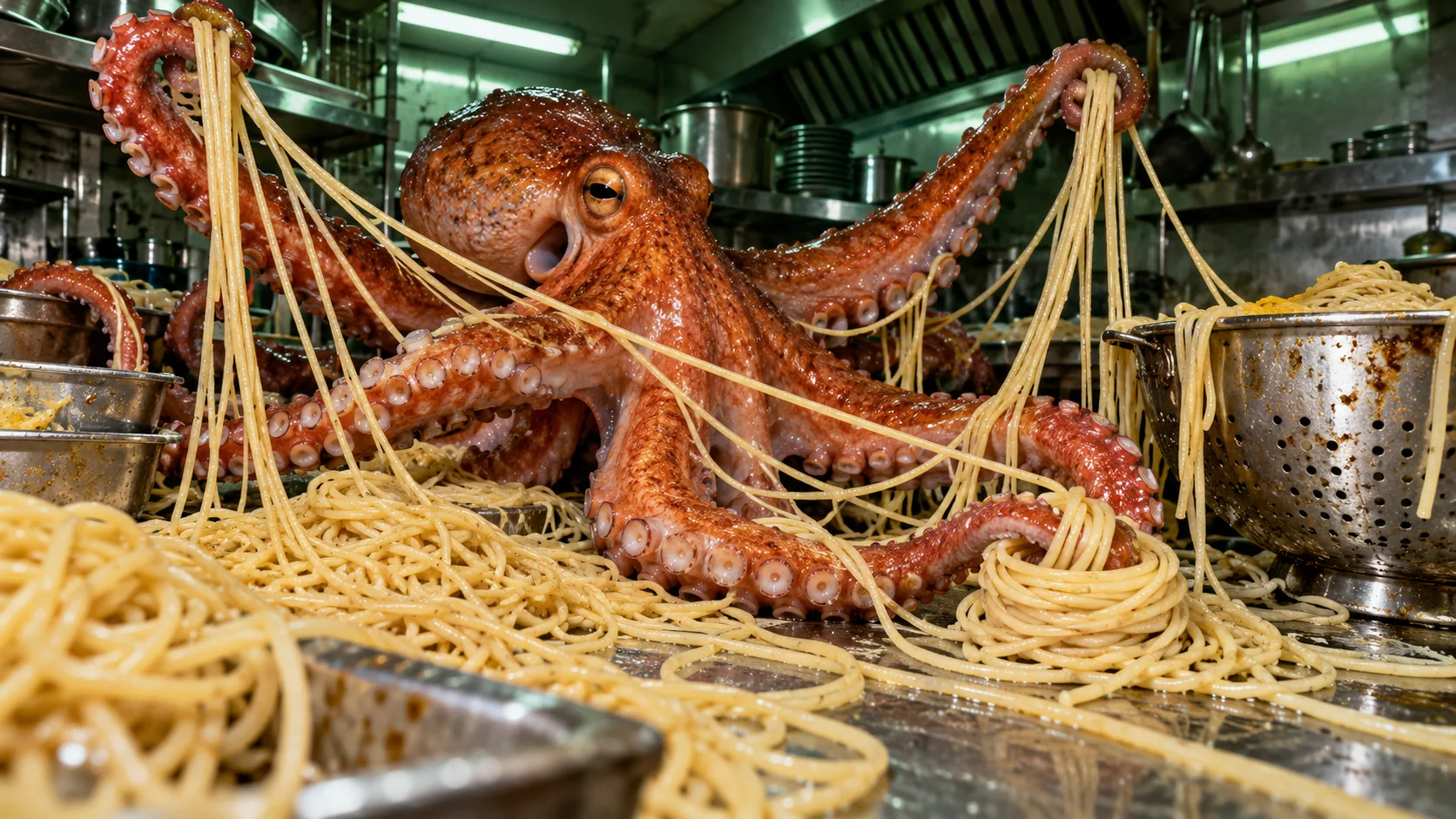 In a steel restaurant kitchen, a large orange octopus sits on the counter pulling apart a huge tangle of cooked spaghetti, a colander full beside it. It is making very slow progress.