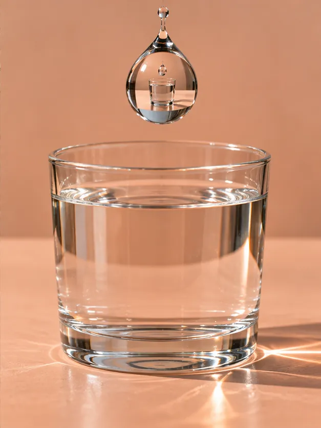 A single drop hangs above a glass of water on a peach table, and inside the drop is a tiny glass of its own.