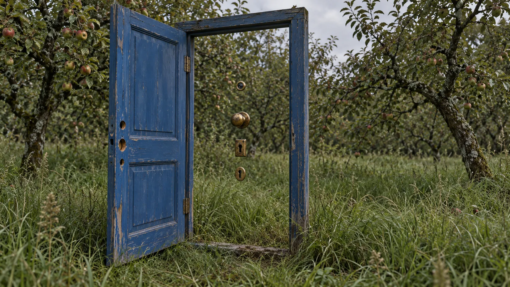 A blue door stands open in a frame among apple trees, while its knob, lock and keyhole plates hang in mid-air where the closed door would be. The hardware didn’t get the memo.
