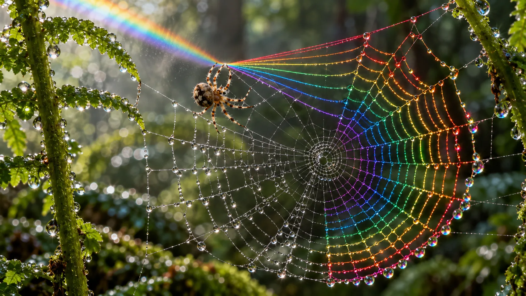 A spider sits at the edge of a dewy orb web in a fern garden, and where a beam of light hits it, half the web glows in the colours of the rainbow. The flies will not see it coming, eventually.
