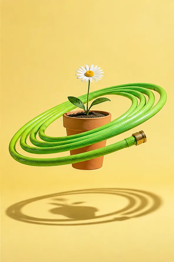 A flowerpot with a single daisy floats inside the coils of a green garden hose, like a planet with its rings.