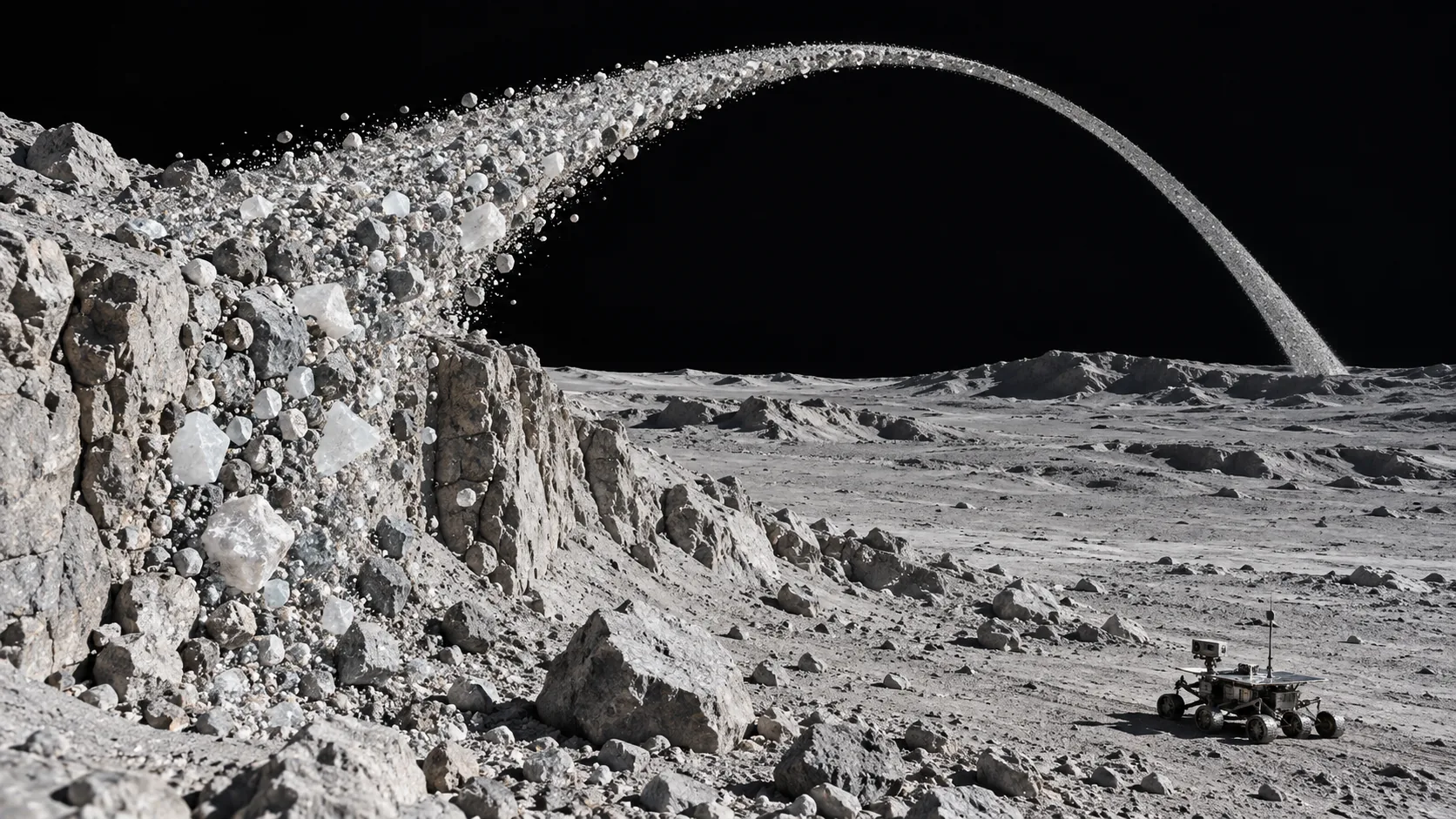 On the moon, a ridge of rock and crystals lifts off the surface and arcs up into the black sky as a ring of rubble, past a small rover. The rover has no comment.