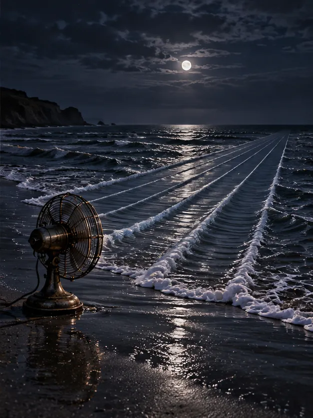 An old electric fan stands on a moonlit beach, blowing neat straight rows of waves out to sea. The tide clocked off hours ago.