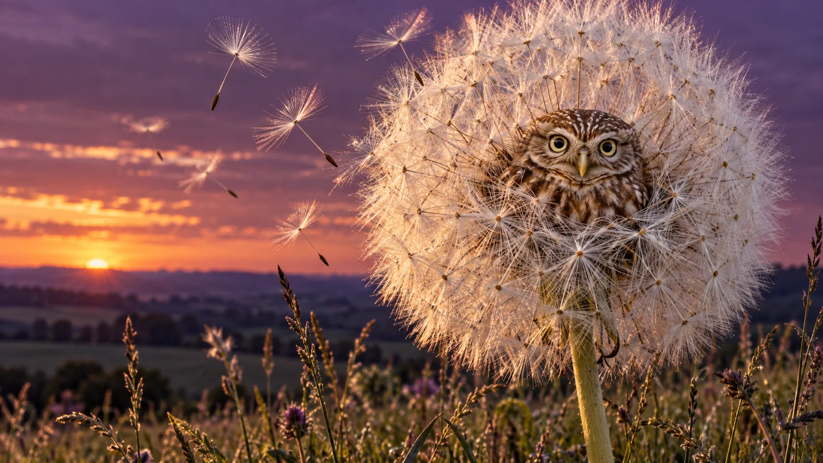 A small owl peers out from inside a giant dandelion clock at sunset, seeds drifting off around it. One good gust and the nest is gone.