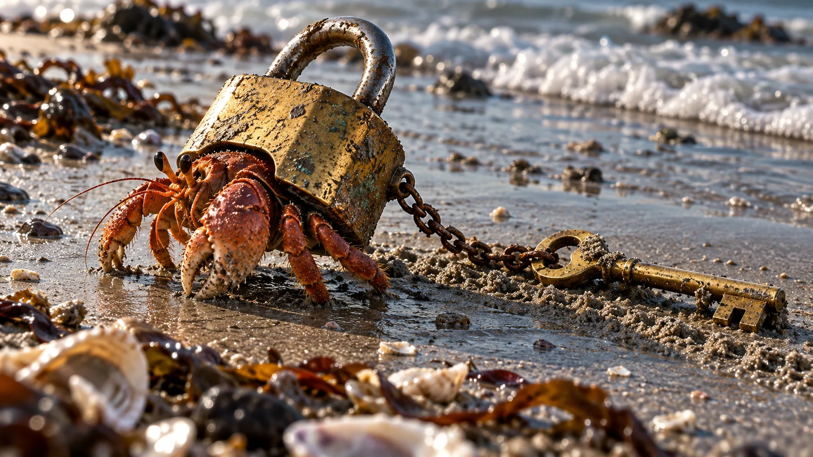 A hermit crab on a wet beach wears a brass padlock as its shell, the key trailing behind it on a chain. Security-conscious, a bit heavy.
