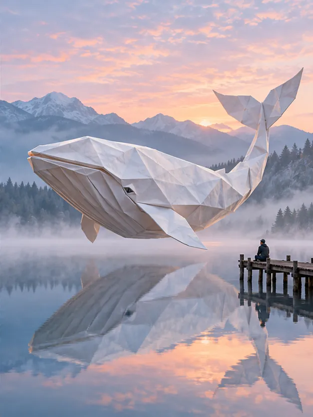 An origami whale glides over a misty mountain lake at dawn, its reflection neatly creased below. A fisherman on the jetty looks up.