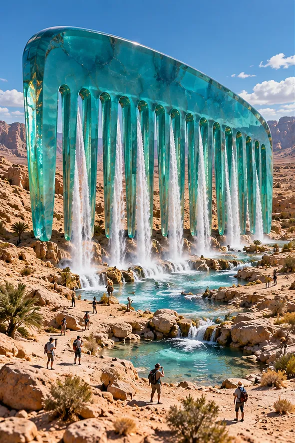 A giant turquoise glass comb stands in a rocky canyon, waterfalls pouring between its teeth into pools below. Hikers stop to cool off.