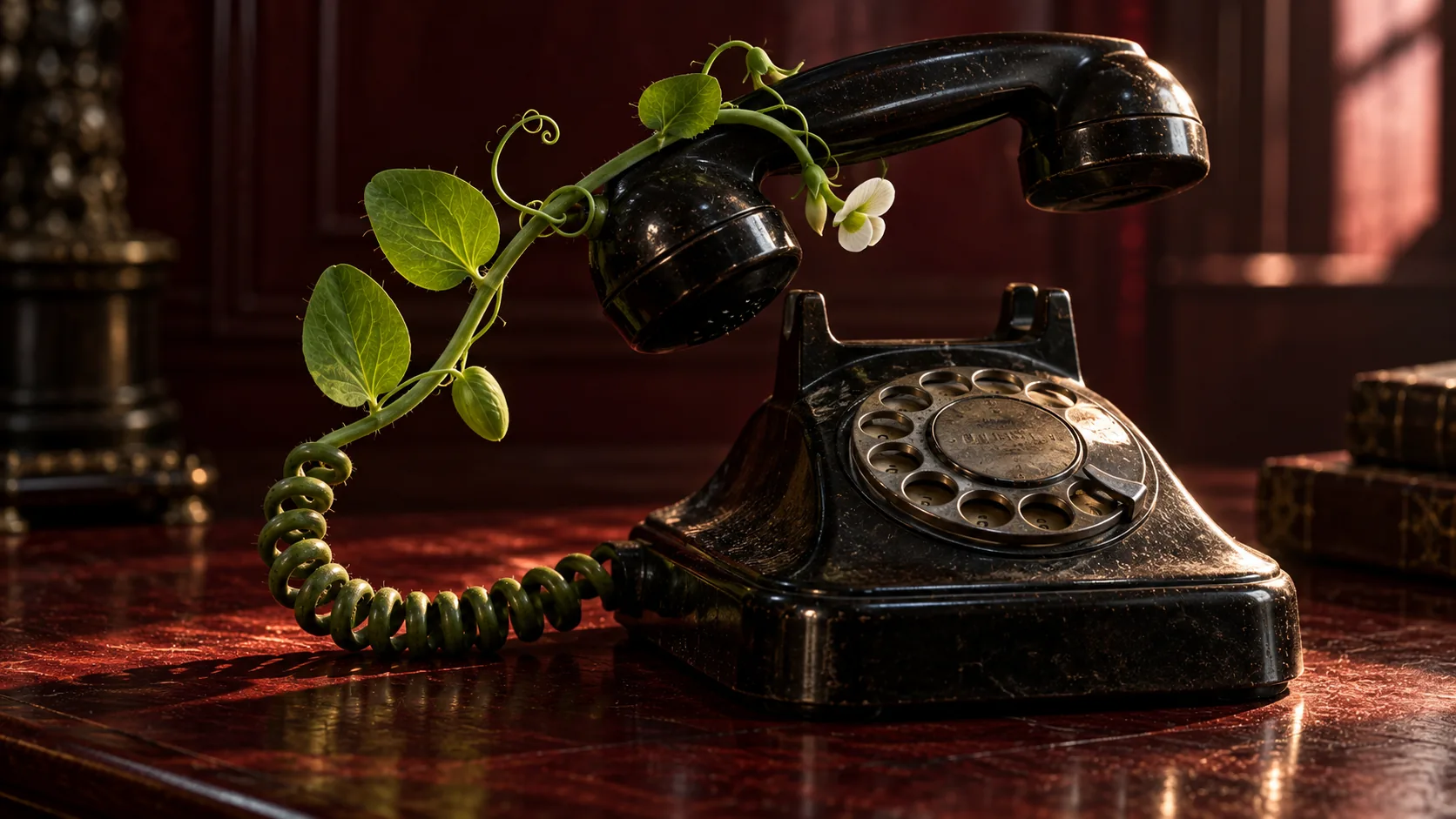A black rotary telephone's coiled cord has turned into a pea vine, its tendril curling round the handset and putting out a white flower. The call has been on hold all season.