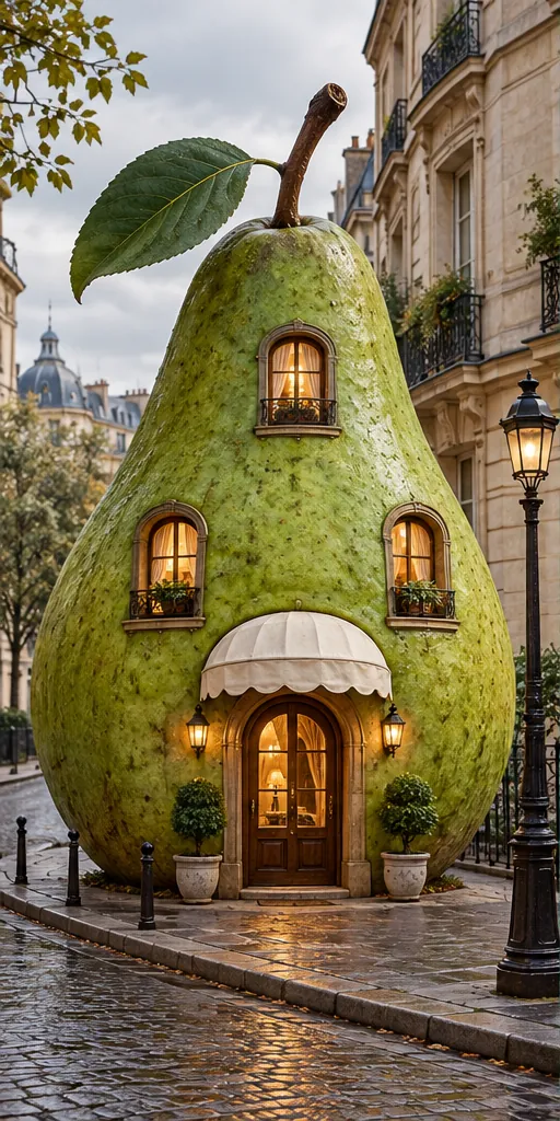 A giant pear with windows, a striped awning and a lit front door, on a rainy city street. Check-in after ten.