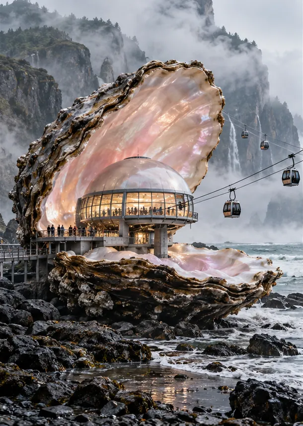 A giant oyster on a stormy shore holds a glass-domed station, with cable cars running in and out of it.