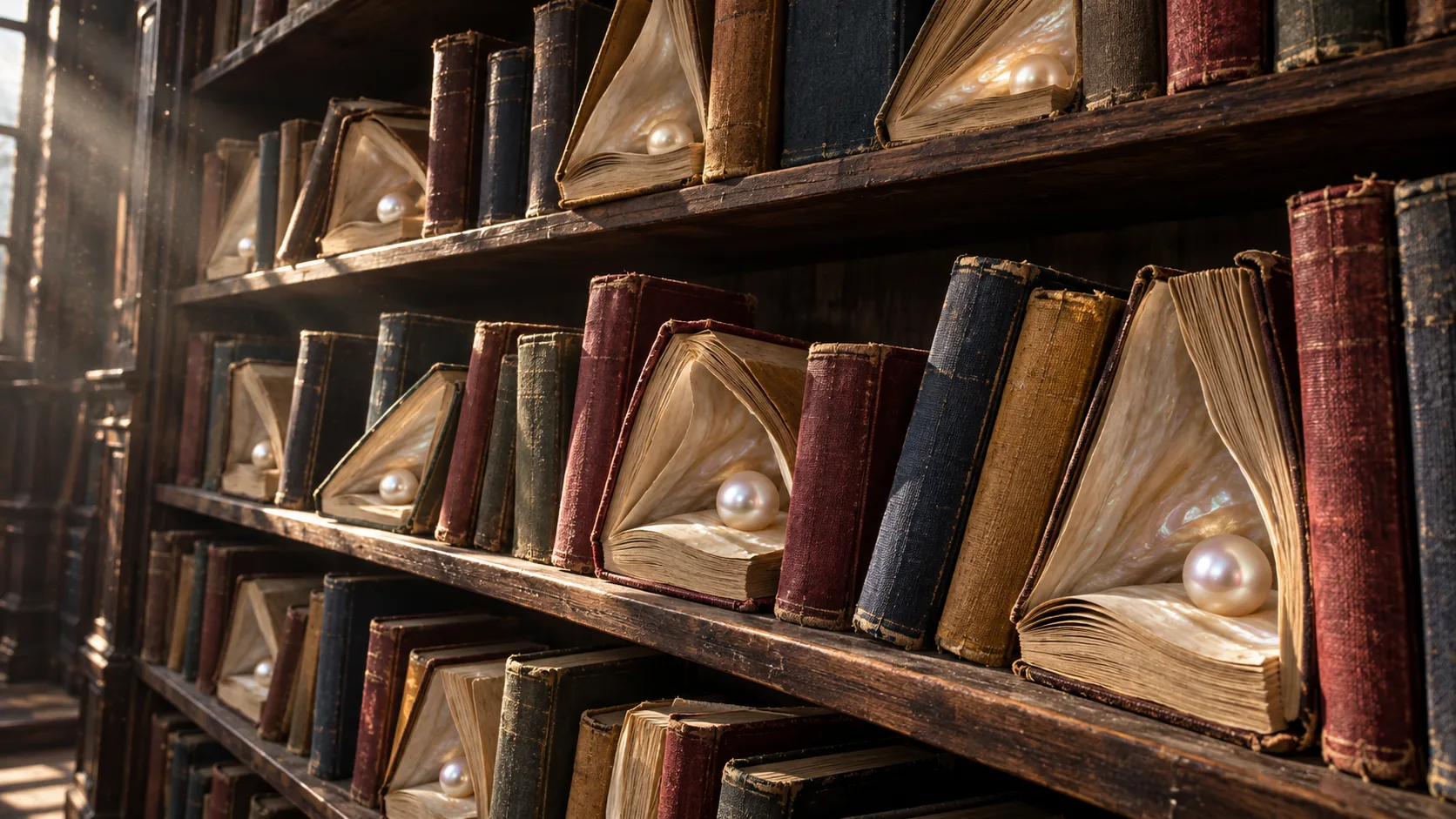 On the shelves of an old library, the books lie half open like oyster shells, each with a single pearl sitting in its pages. Overdue fines are steep.
