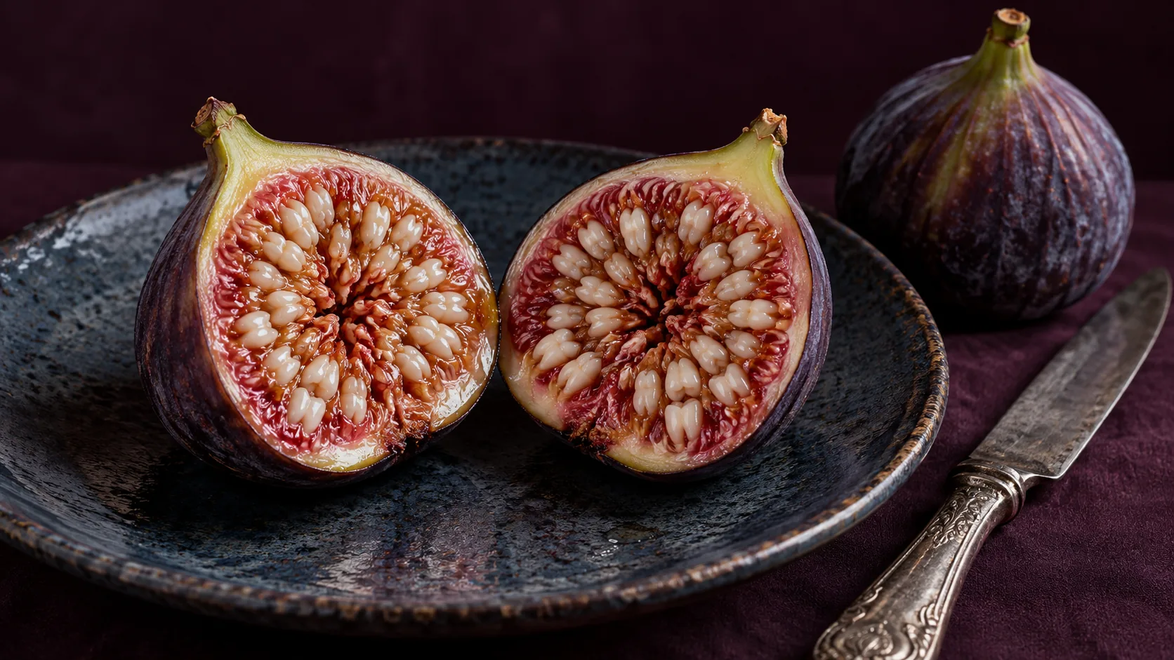 A ripe fig split in two on a dark ceramic plate is packed inside with rows of small white teeth instead of seeds. Nobody has offered it a toothbrush.
