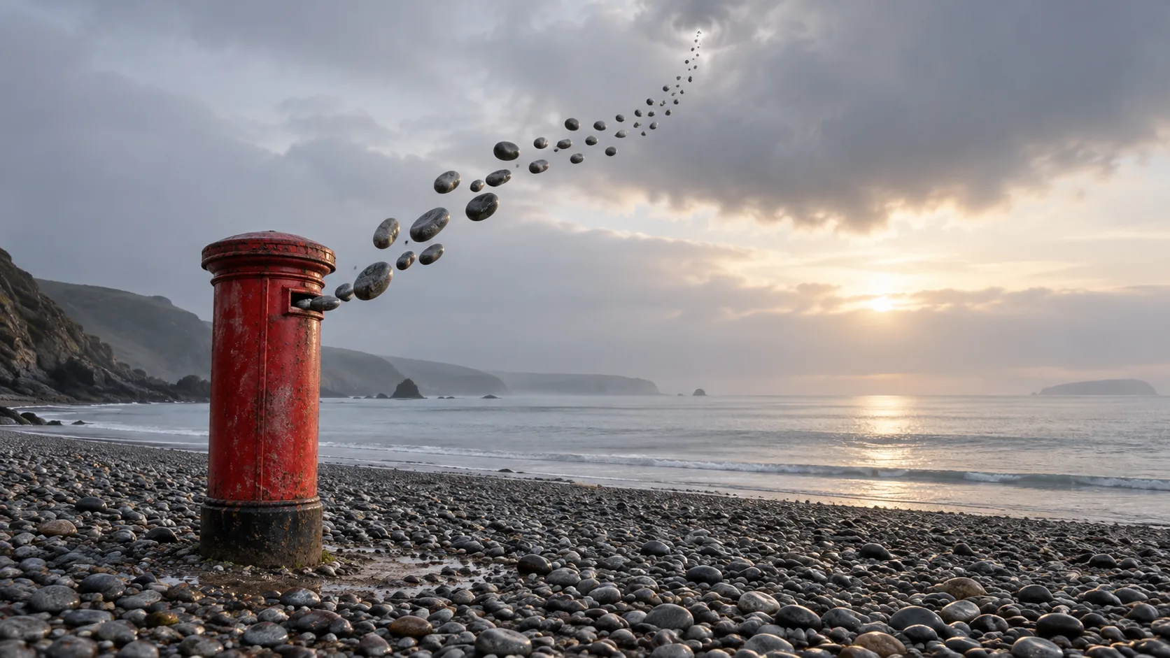 On a pebble beach at sunset, a red pillar box posts a long trail of stones up out of its slot and into the clouds. The tide brought them in; the post is taking them back.