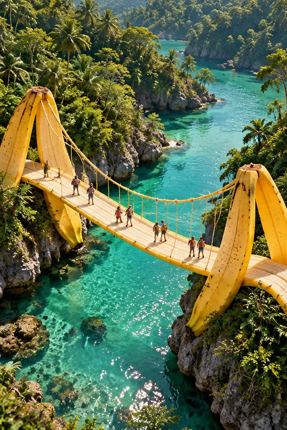 A rope bridge strung between two giant banana peels spans a turquoise jungle river. Walkers cross carefully.