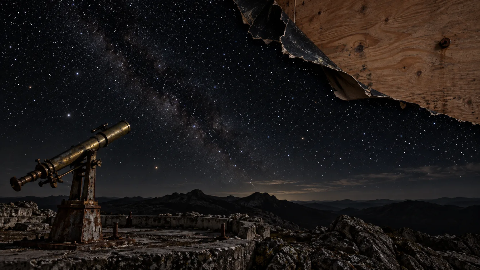 Over a ruined observatory in the mountains, a corner of the starry night sky peels back like old wallpaper to show bare plywood behind it. The telescope probably noticed first.