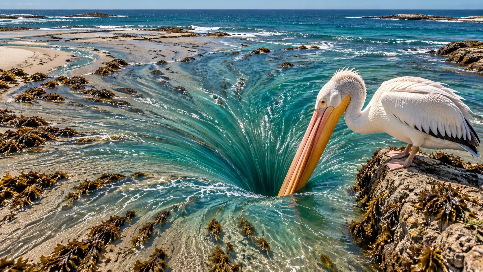A white pelican on a rock dips its bill into the shallows and the sea pours into it as a whirlpool, the whole shore draining toward its beak. It will regret this.