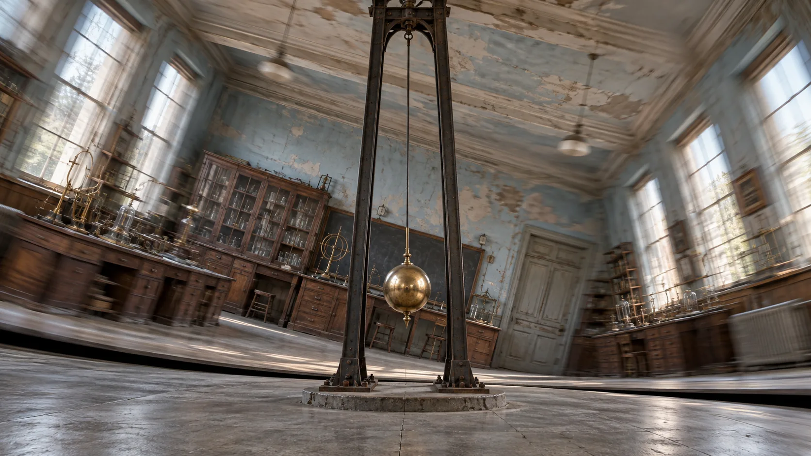In an old laboratory hall, a brass pendulum hangs perfectly still from a tall iron frame while the whole room swings around it in a blur. Someone has this the wrong way round.