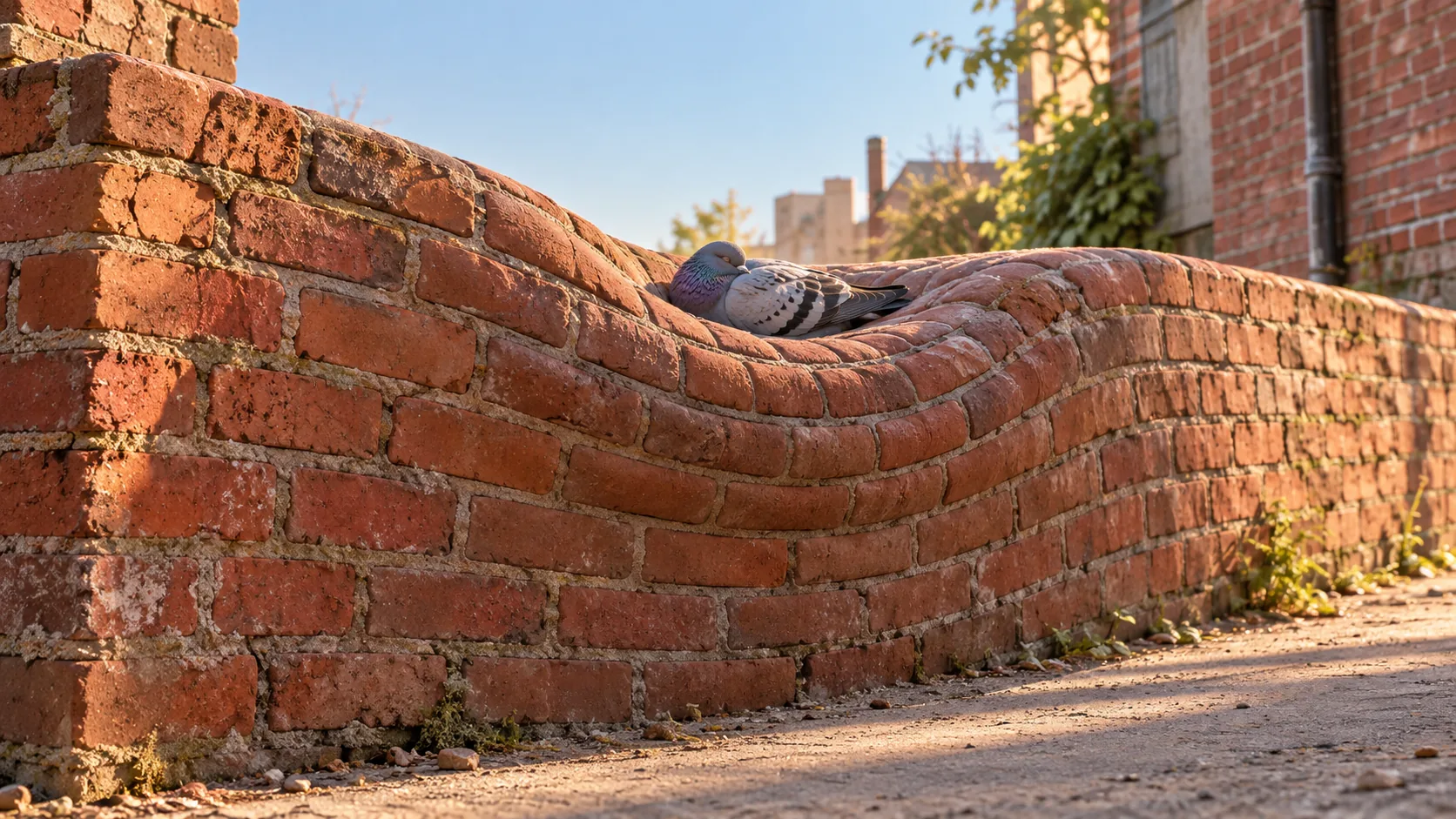 A pigeon dozes in the top of a red brick wall that sags under it like a cushion. Built to last, and to be comfortable.