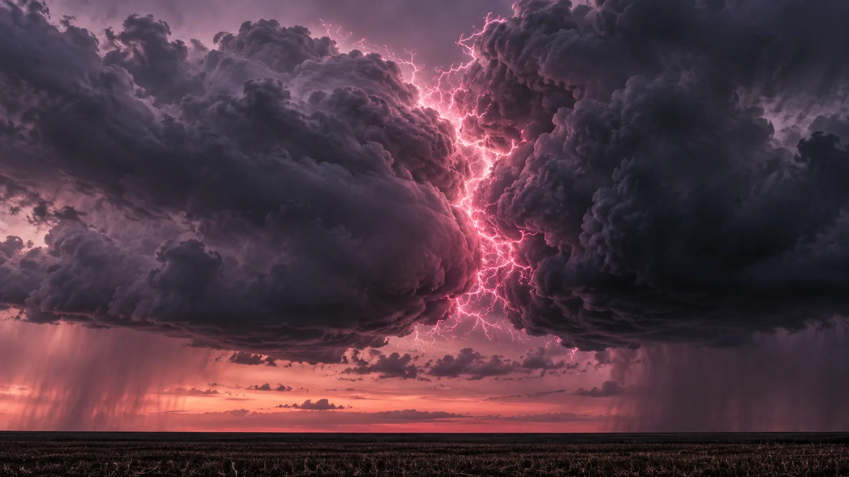 At sunset, two dark storm clouds face each other across a gap filled with a crackling wall of pink lightning. They have been arguing for some time.