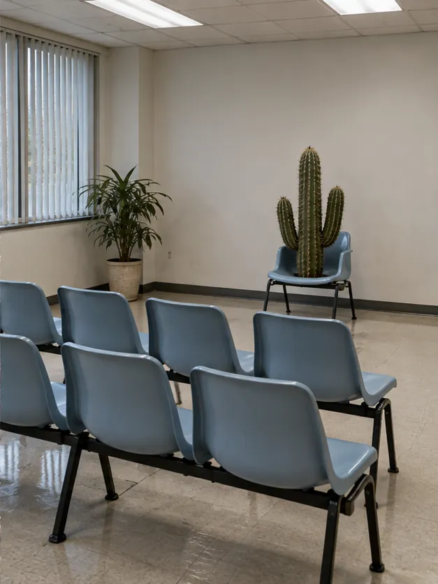 Rows of pale blue plastic chairs fill an empty waiting room, a tall cactus sitting patiently on the last one. It has been here longer than the magazines.