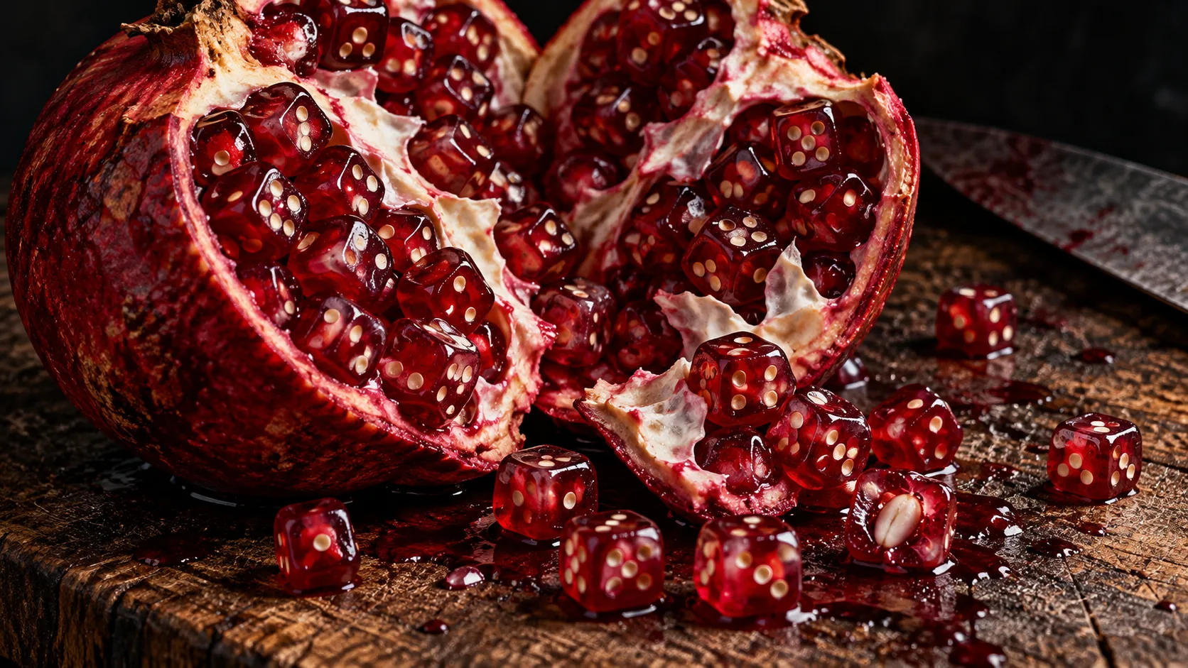 A split pomegranate on a wooden board is packed with translucent red dice instead of seeds, and more dice spill out in a puddle of juice. Nobody wins at fruit.