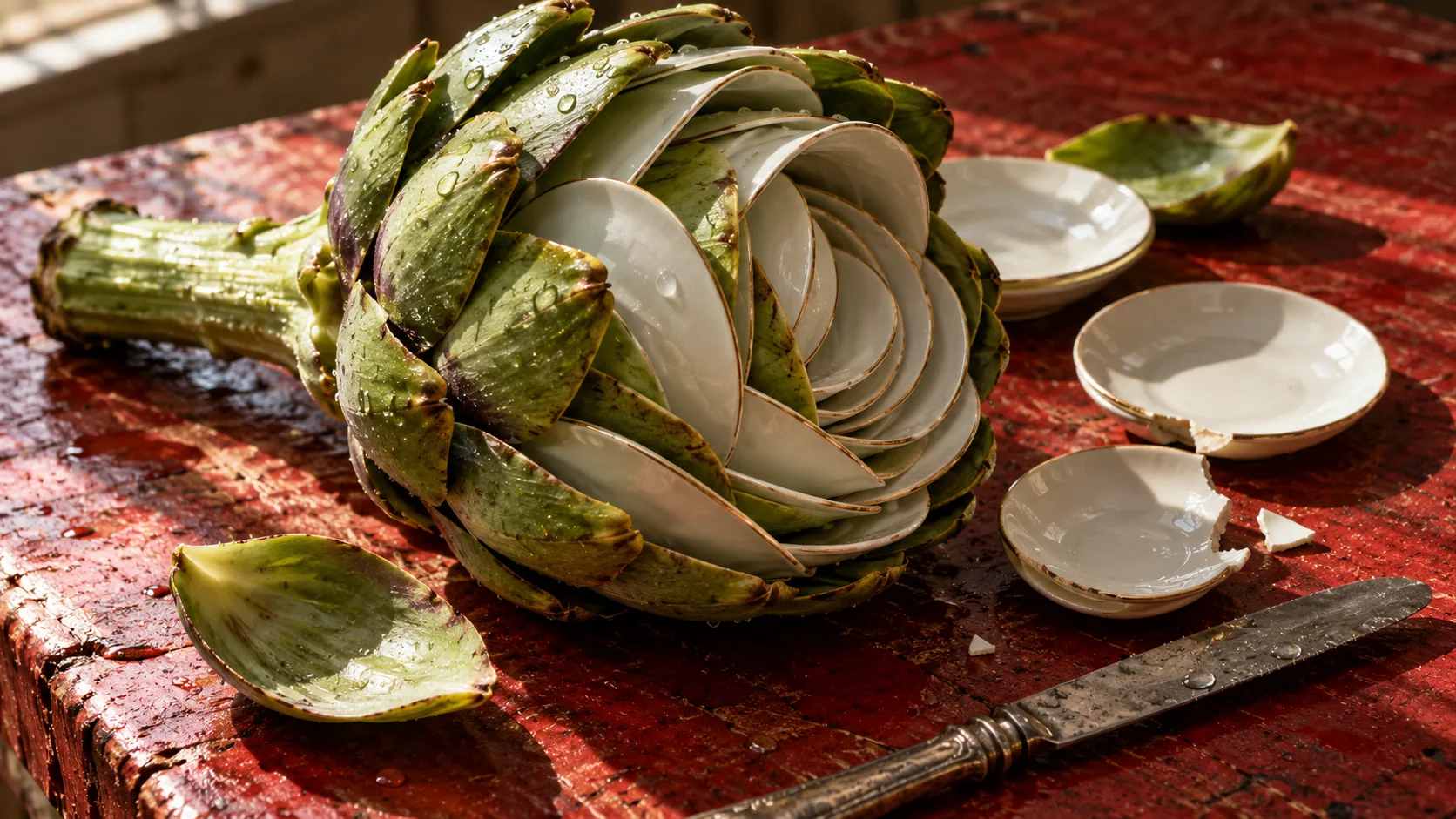 An artichoke on a red cloth is peeled back to show layers of white porcelain bowls where the heart should be, with a few broken saucers beside it. Steam at your own risk.