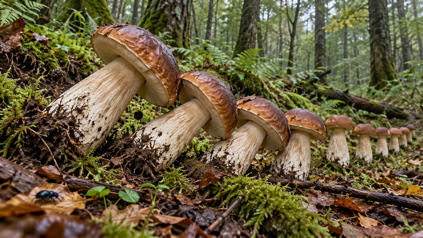 In a mossy pine forest, a line of porcini mushrooms shrinks into the distance, the biggest ones tipping onto the next like dominoes. This could take all autumn.