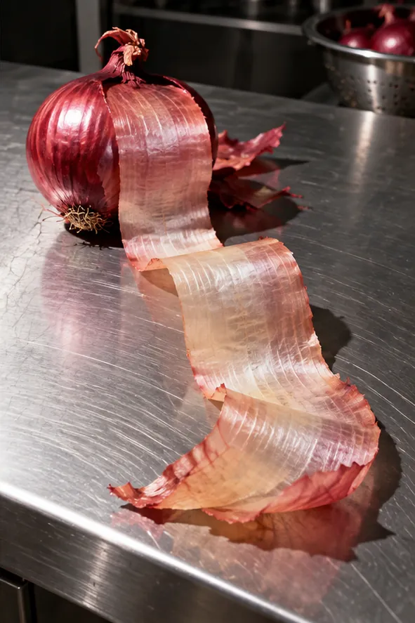 A red onion on a steel kitchen counter unrolls one papery layer into a long curling ribbon, like a receipt. Every layer is accounted for.