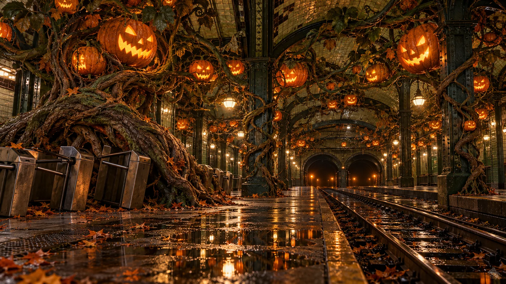 An underground station has been overgrown by huge twisting vines, and glowing carved pumpkins hang from them over the wet platform and tracks. The ticket barriers are holding up the roots.