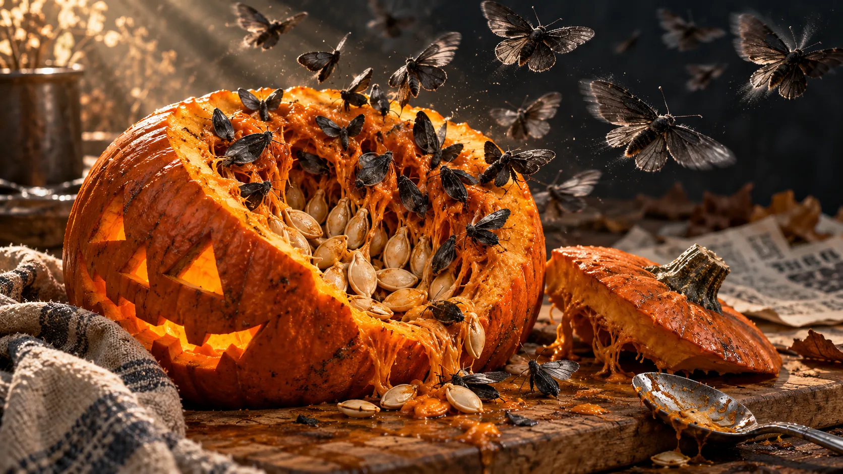 A carved jack-o’-lantern on a wooden table has been split open, and its seeds are turning into black moths that crawl out and fly off into the room. Roasting is off.