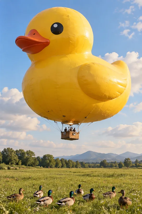 A rubber duck the size of a hot air balloon floats over a meadow, basket underneath, while real ducks watch from the grass.