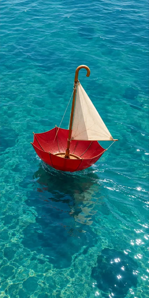 An upside-down red umbrella sails across turquoise water as a little boat, handle up for a mast.