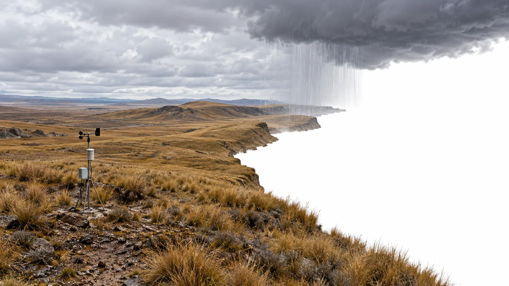 Under a grey cloud on a wide grassy steppe, the rain falls on the land and leaves nothing behind it but blank white. A weather station stands right at the edge, taking notes.