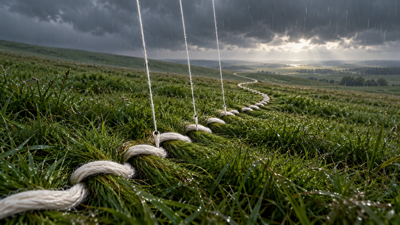 Under a grey sky, threads of rain come down and stitch a white seam across a green meadow toward the horizon. The hem looks nearly done.