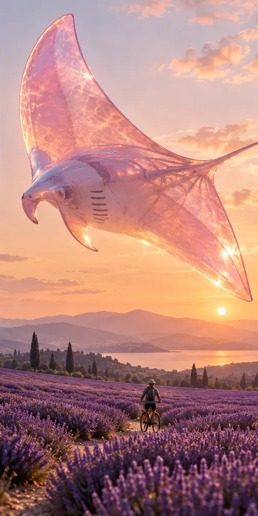 A translucent pink manta ray glides over a lavender field at sunset while a lone cyclist rides below.