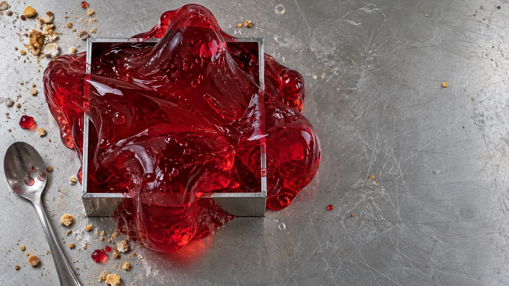 A red jelly on a steel counter bulges up and out over the square metal mould that is still round it, with crumbs and a spoon nearby. It has outgrown its shape.