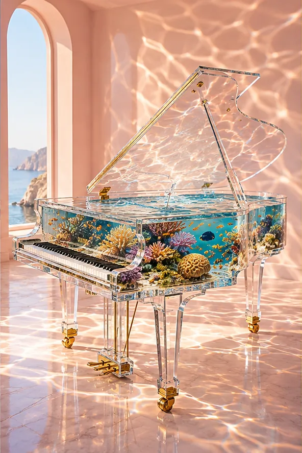 A clear grand piano full of water, coral and fish in a sunlit pink room. Every key plays a little wet.