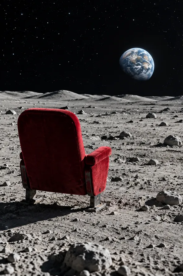 A red velvet theatre seat stands alone in the grey dust of the moon, facing away from the Earth. The view is sold out.