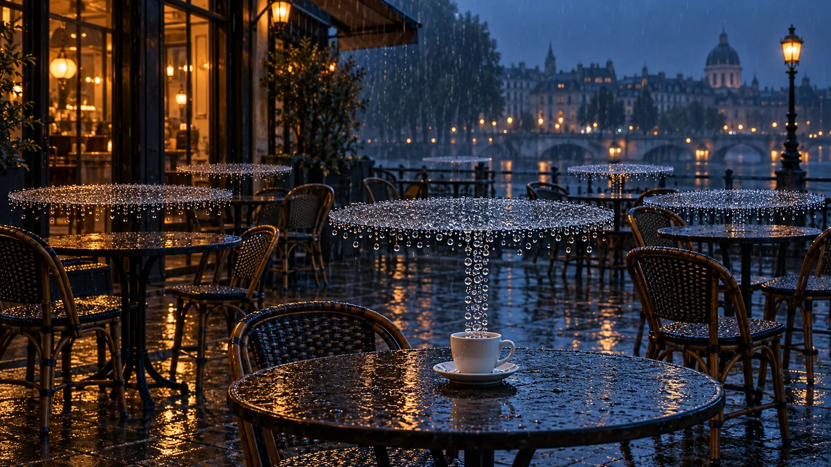 A riverside café terrace at night is empty except for rain falling in neat columns onto each round table, one cup of coffee still waiting under its own shower. The forecast booked ahead.