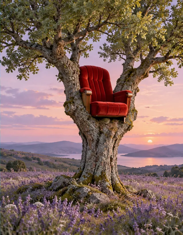 A red velvet theatre seat grows out of an old olive tree above a lavender field. Tonight’s show is the sunset.