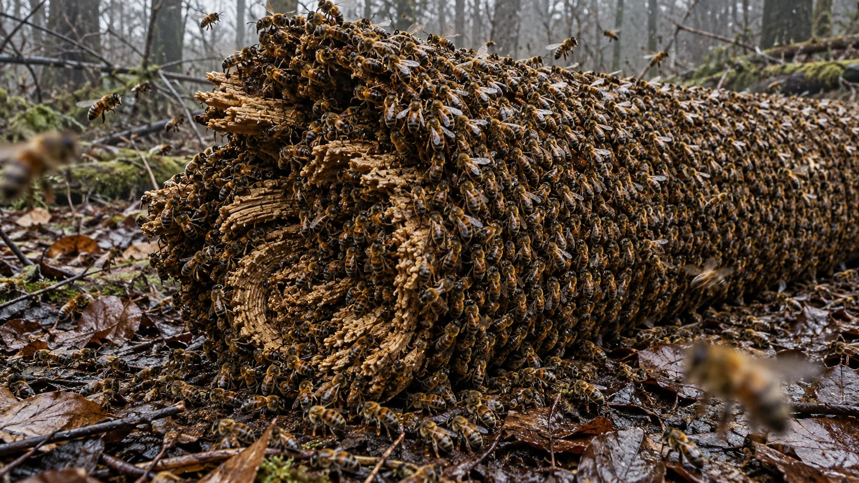 A fallen log on the forest floor is made entirely of packed, living bees, bark and rings and all, with a few drifting off the ends. It hums.