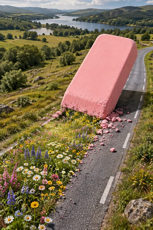 A giant pink eraser rolls down a country road, rubbing out the asphalt and leaving wildflowers behind.