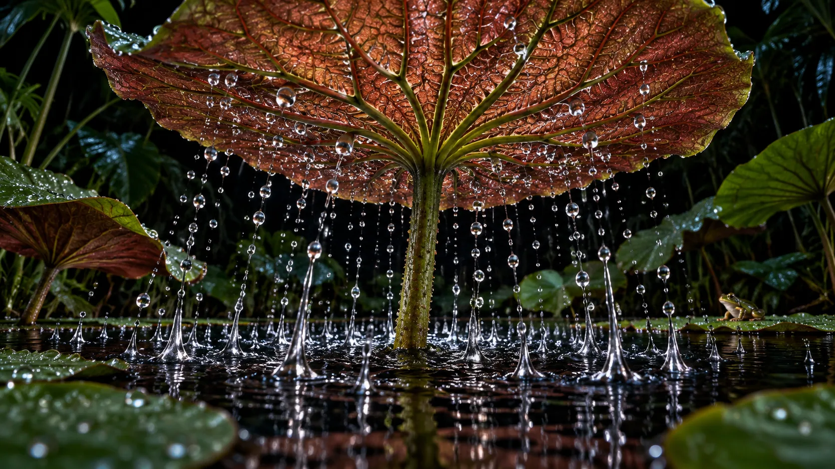Under a broad red leaf over a dark pond, drops of water lift off the surface and fly up toward the leaf. The rain is being sent back.
