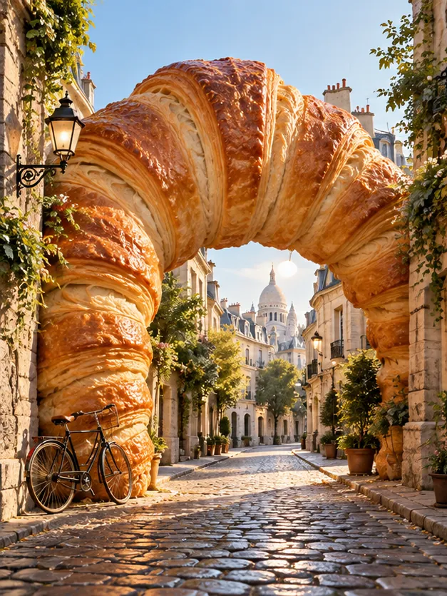 A croissant arches over a cobbled street like a city gate, with a domed basilica framed in the middle. Flaky, but structurally sound.