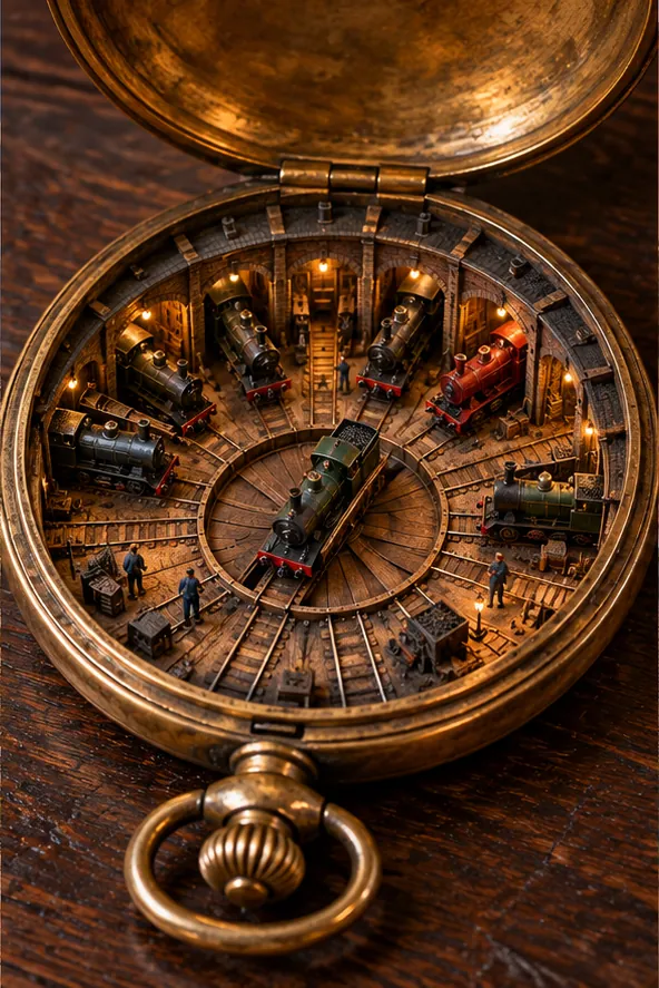 An open brass pocket watch holds a railway roundhouse where the movement should be, steam engines lined up around the turntable.