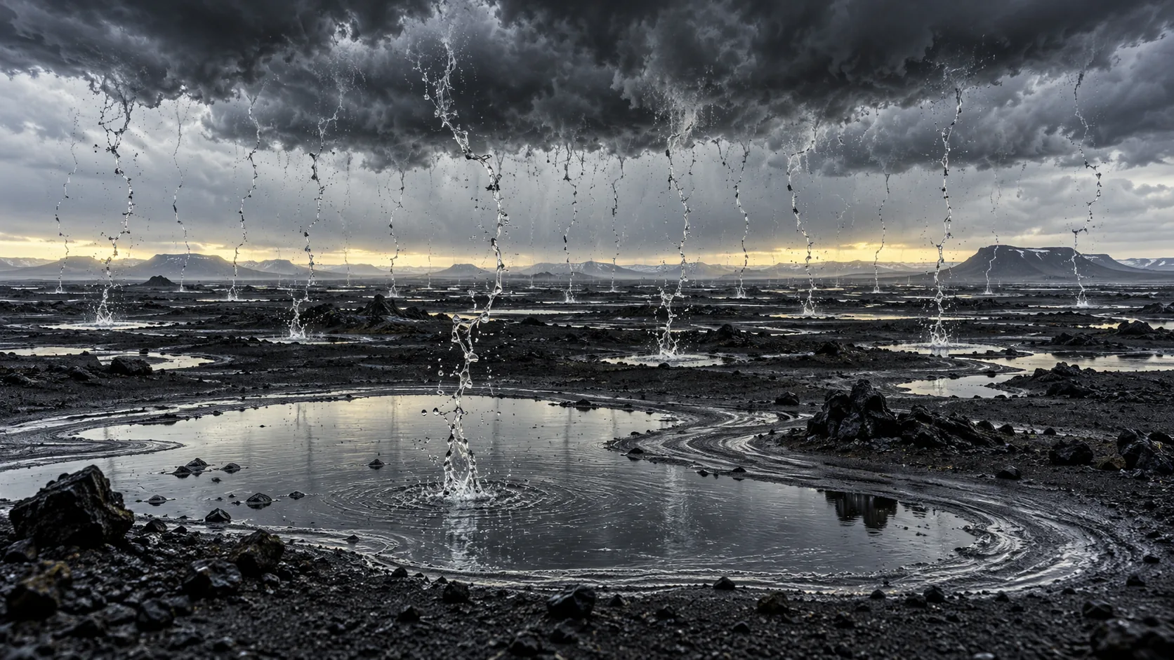 On a dark lava plain under storm clouds, the rain rises from a black pool in thin streams back up into the sky. The puddle is draining upwards.
